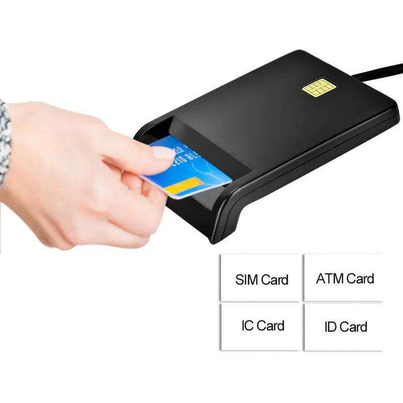 DM-HC65 USB smart card reader in black plastic casing, connected via USB cable