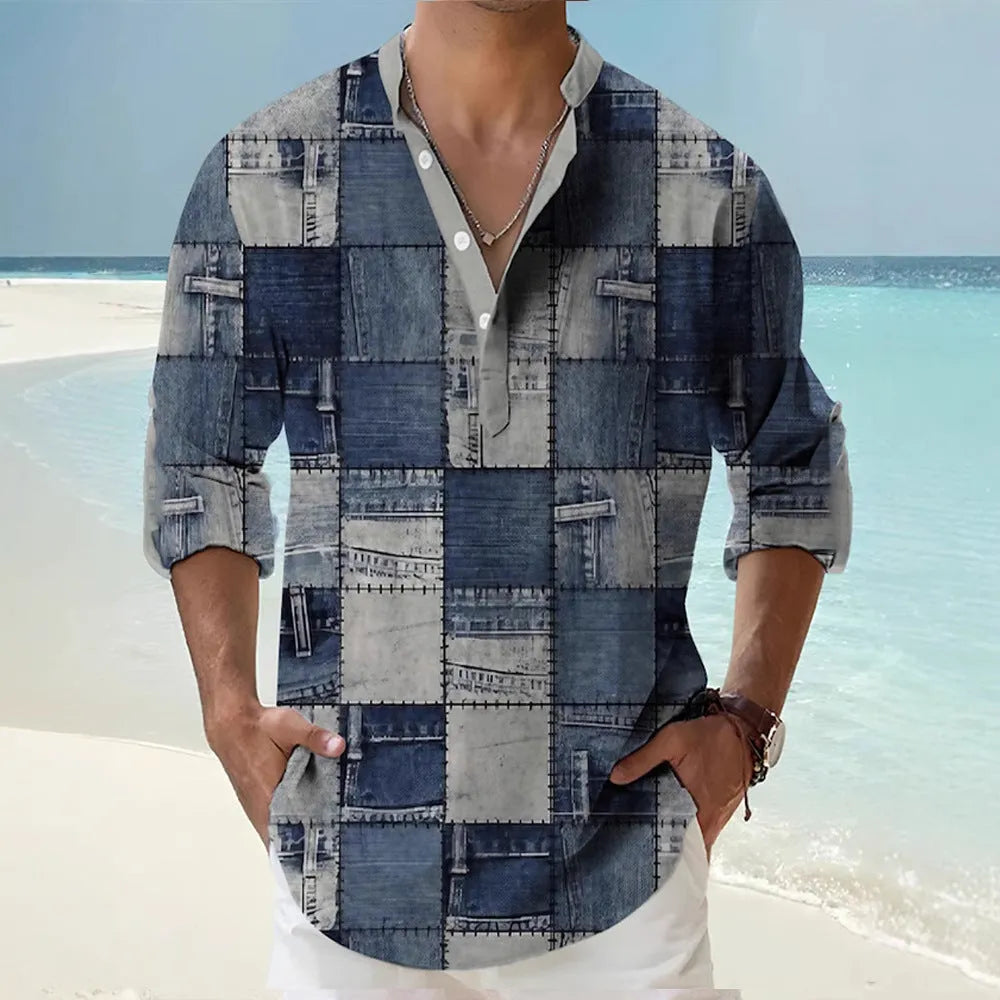 Man's thin casual long sleeve Hawaiian shirt with digital bamboo linen stripes in assorted colours.