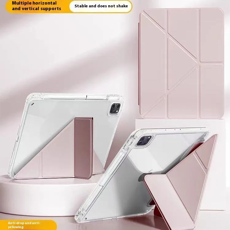 Clear acrylic iPad protective case with a folding stand open, showing colour options.