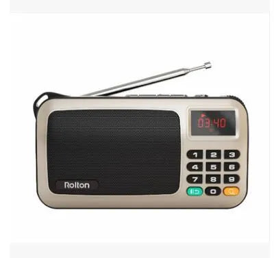 Golden Rolton W405 portable FM radio and MP3 speaker with LED display and wrist strap.