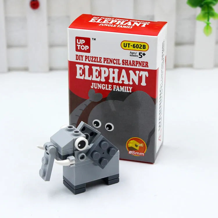 DIY building block pencil sharpener in lion style assembled on a desk with a pencil inserted