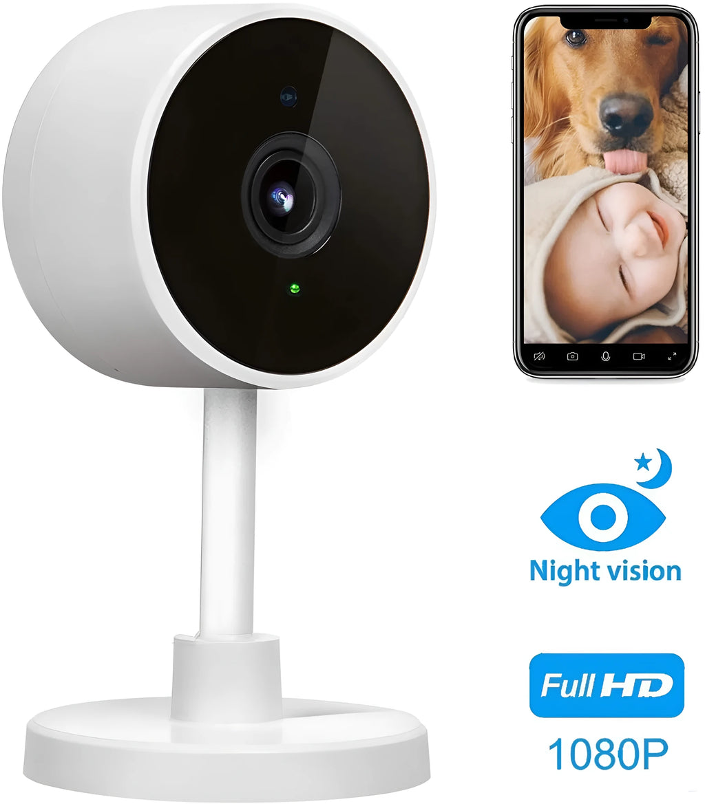 White gun-style WiFi security camera with 1080p resolution and motion detection alarm system