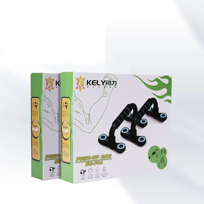 I-shaped push up bar with black and fruit green foam grips, PP plastic detachable home fitness equipment