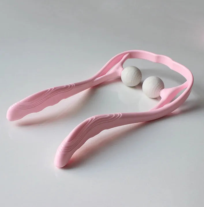 Blue plastic handheld neck massager with adjustable bracket and soft roller head on a white background.