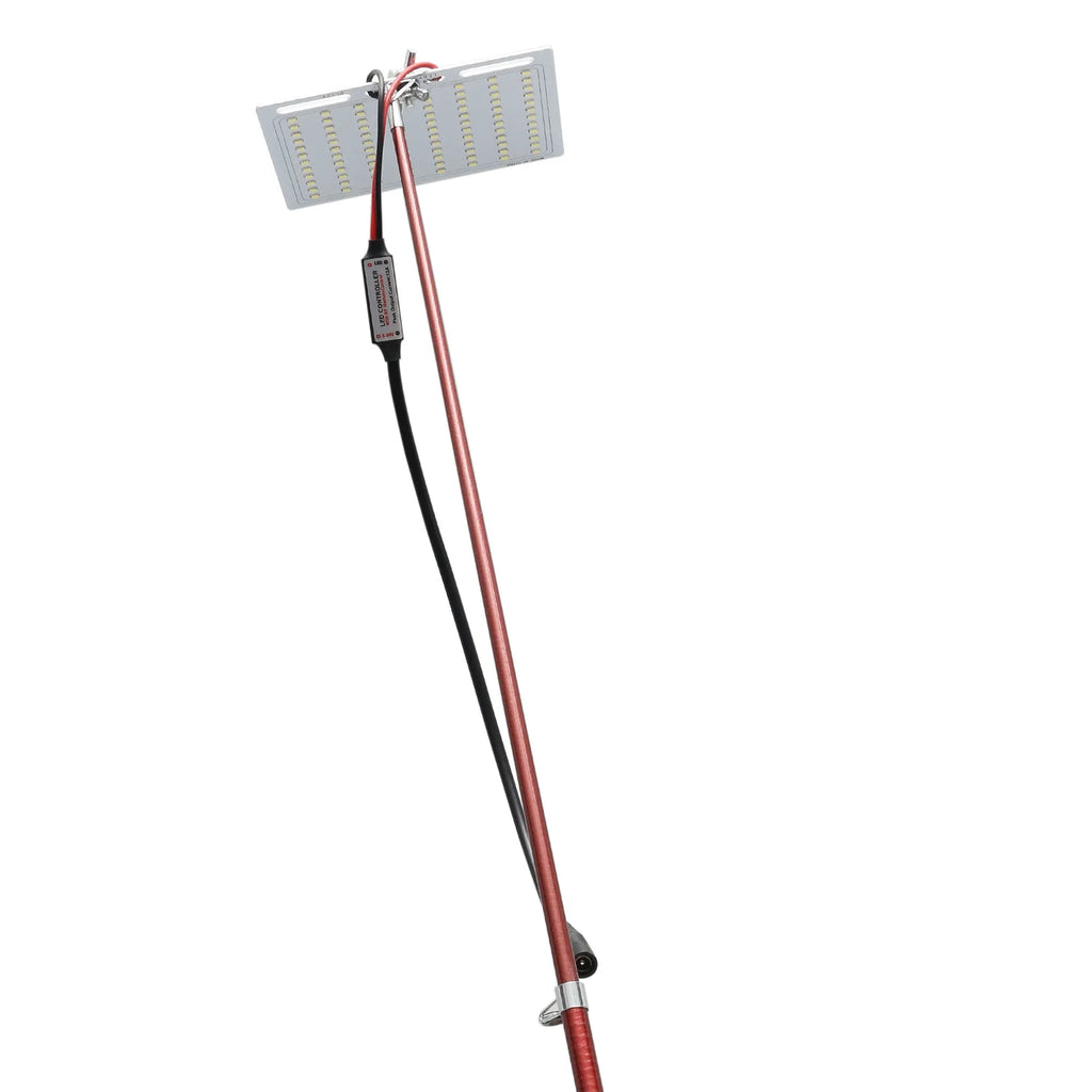 LED fishing rod light with telescopic pole extended, showing white LED array and remote control