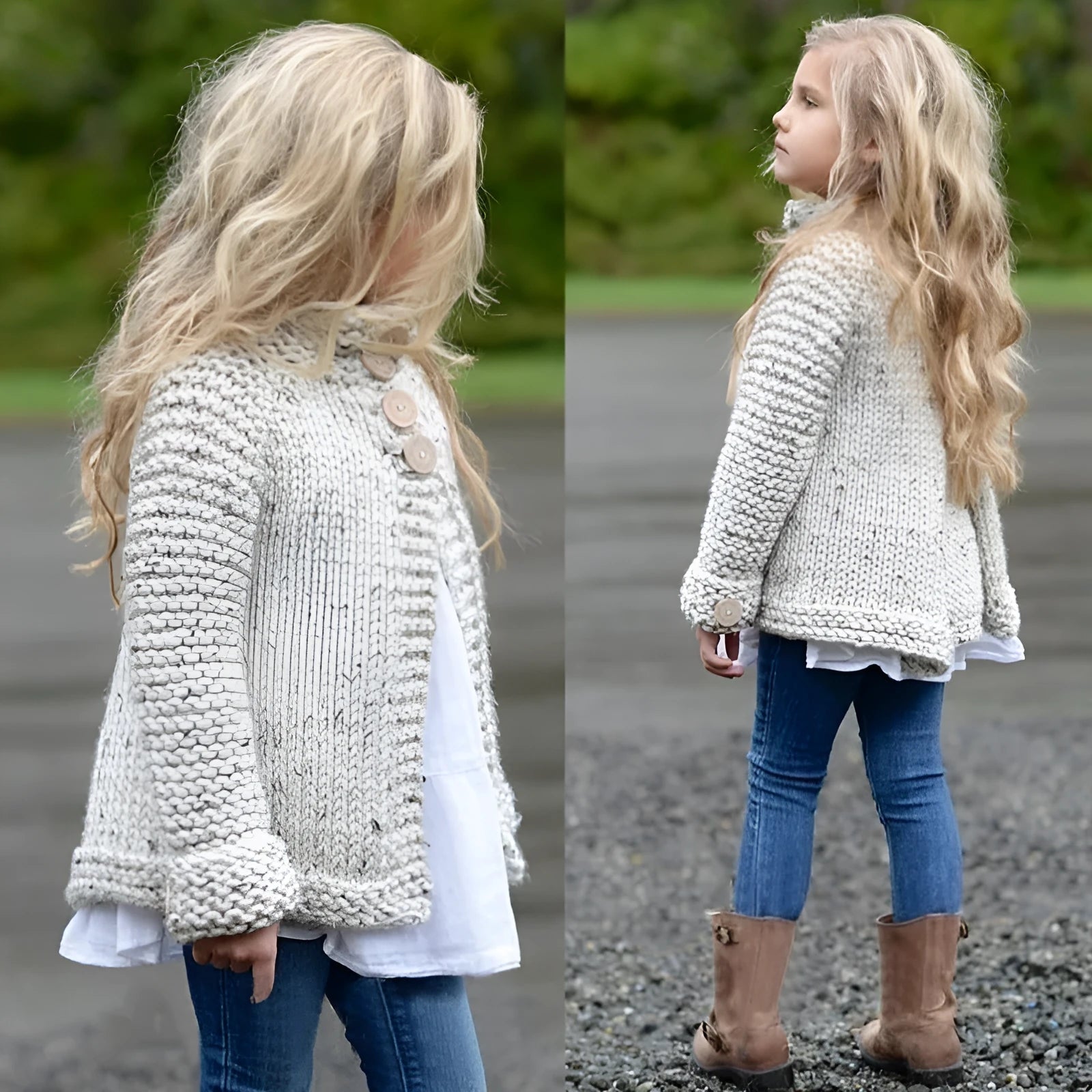 Beige girls cardigan sweater coat with single-breasted closure and long sleeves in knitted rabbit hair blend fabric