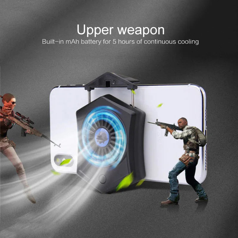 Black and white mobile phone cooling radiator with USB cable for connection to PC or console.