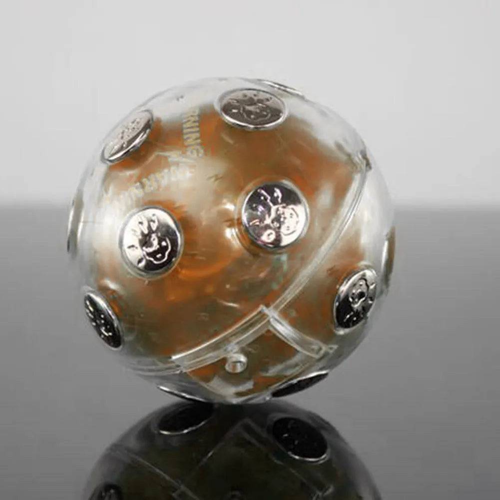 Gold electric shocking ball toy with red and blue LED light, plastic and electronic construction, 2 AAA batteries