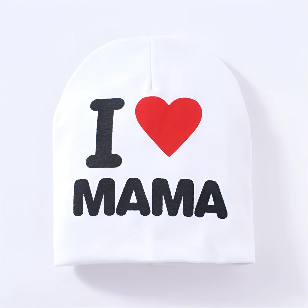 Cotton and Lycra baby beanie hat in solid colour with embroidered Love mama or Love papa text pattern