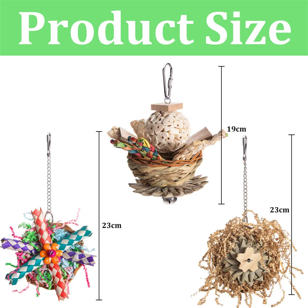 Parrot gnawing molar toy with wooden chewing pieces and plastic components for bird enrichment