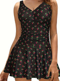 Plus size high waist slimming one-piece swimsuit for women, floral pattern, black colour, XL size