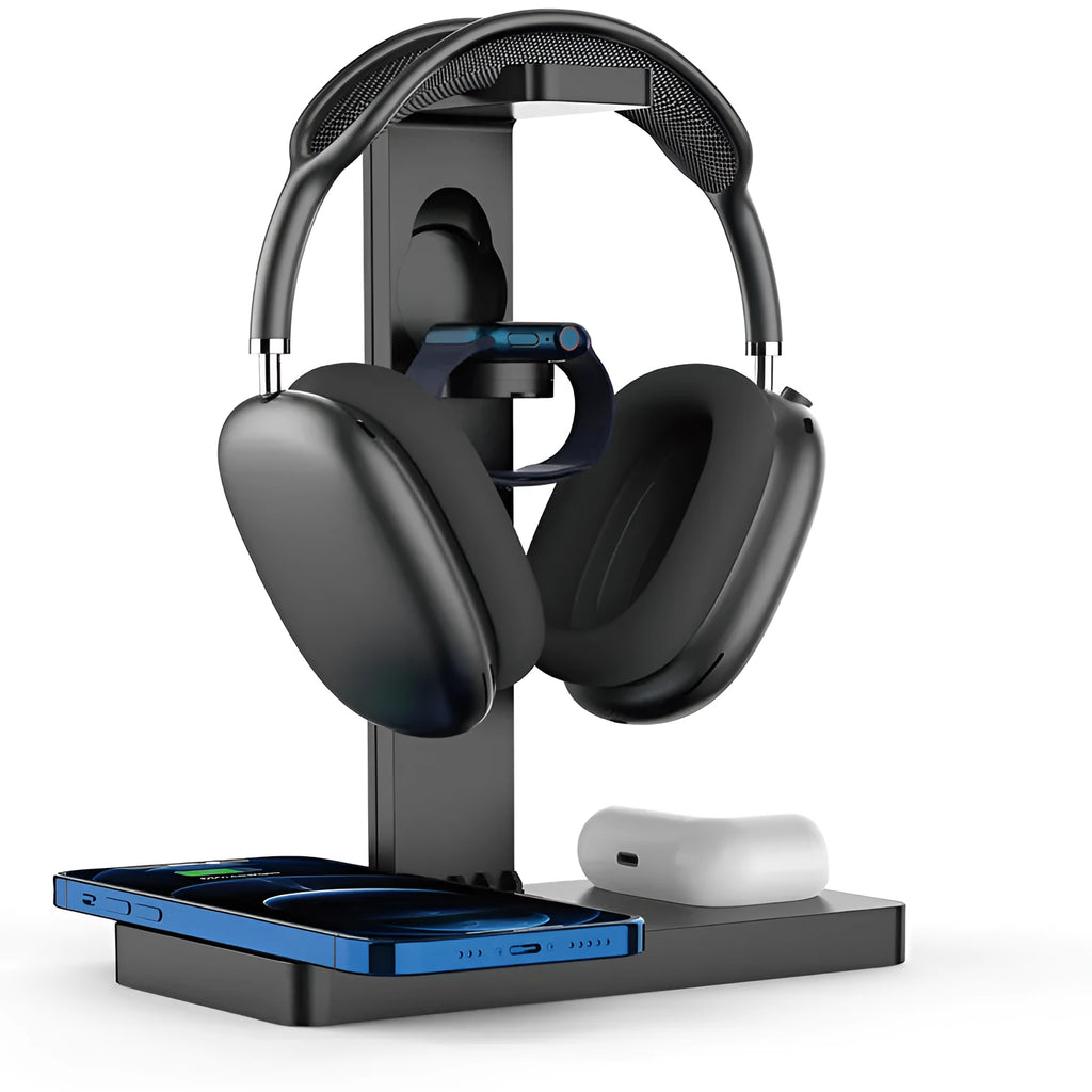 Matte black wireless charging station with three charging pads for mobile phone, smartwatch and headphones