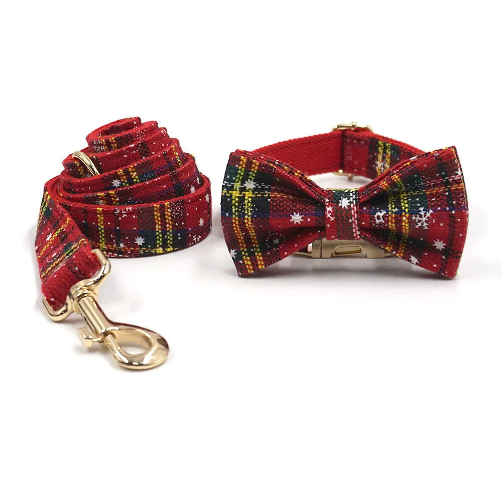 Red Christmas pet collar, traction rope, bow, and chest-back harness bag set with laser sculpture patterns
