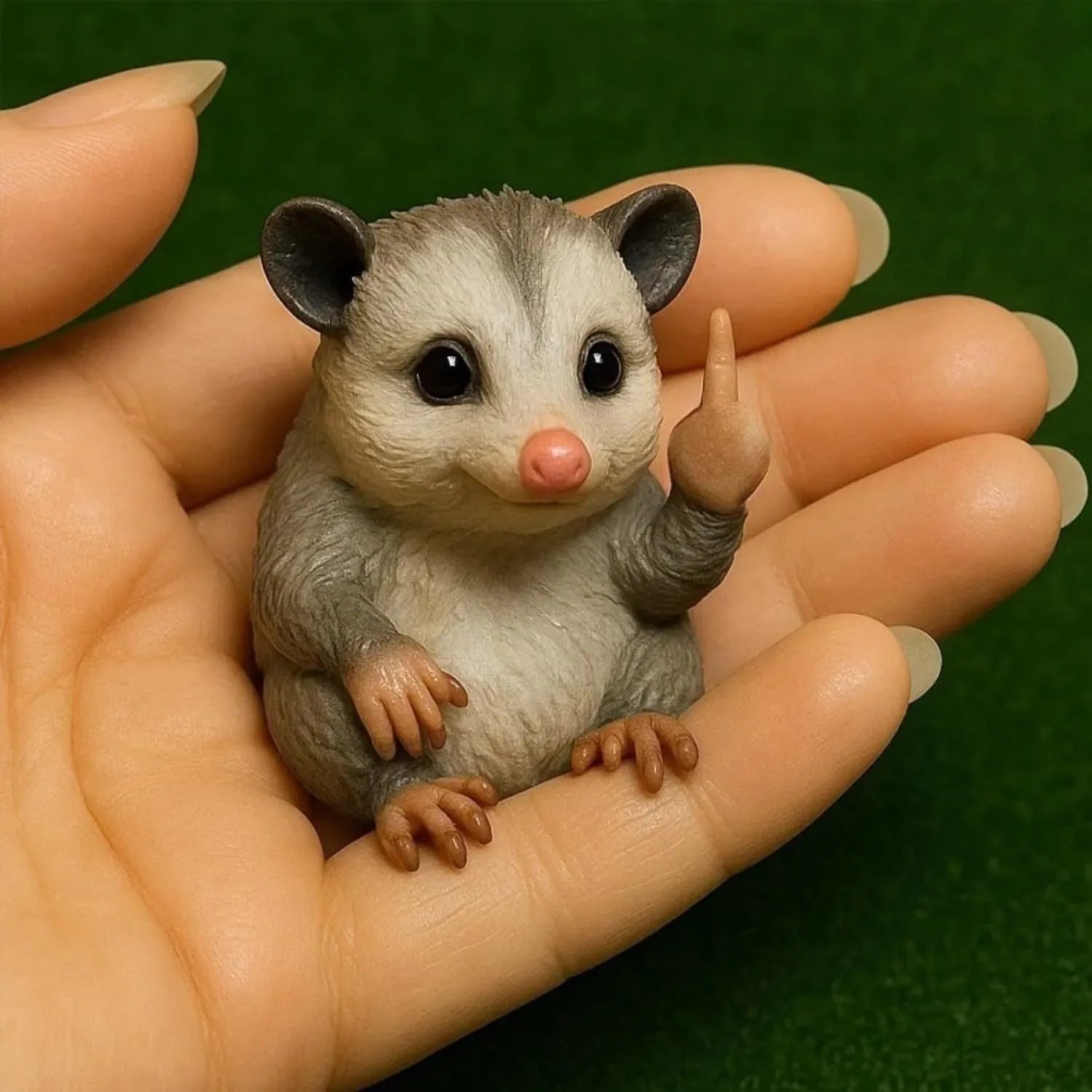 Mini resin animal doll with vertical middle finger design in one of seven animal styles