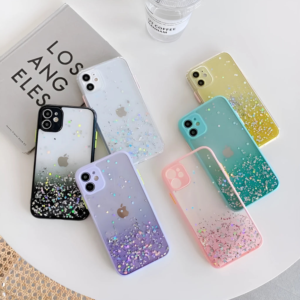 Silicone phone case with gradient epoxy glitter and frosted marble IMD finish for iPhone models
