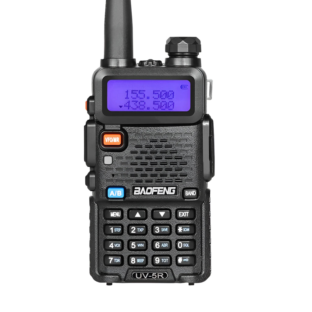 A black dual-band walkie talkie with antenna, showing its compact 110x58x32 mm size.