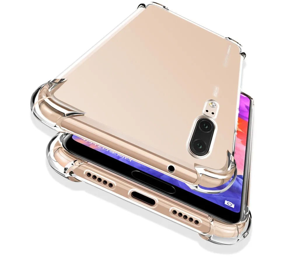 Transparent TPU airbag drop-resistant phone case for Huawei and Honor smartphones on a white background.