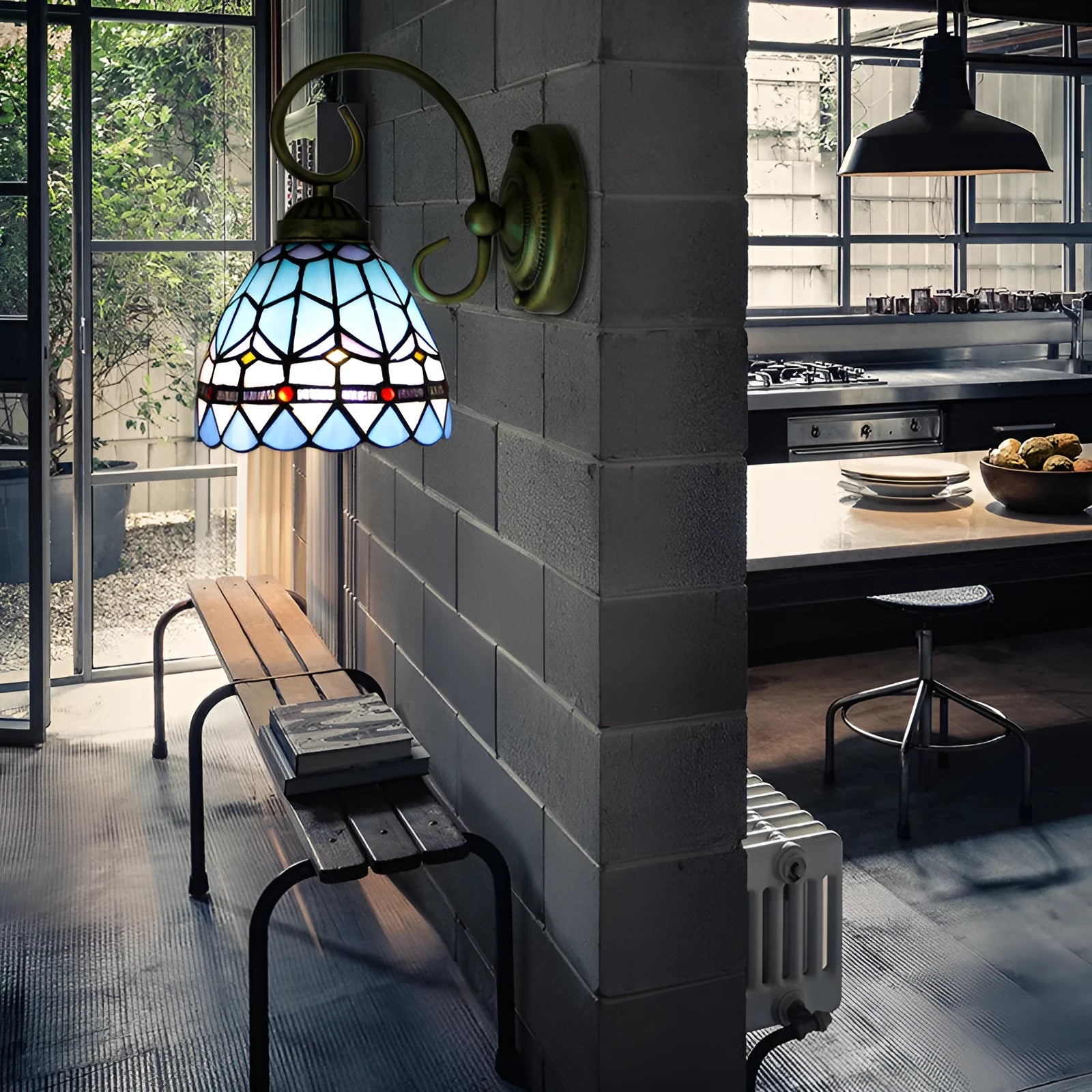 Coloured stained glass corridor wall lamp in one of six available design styles.