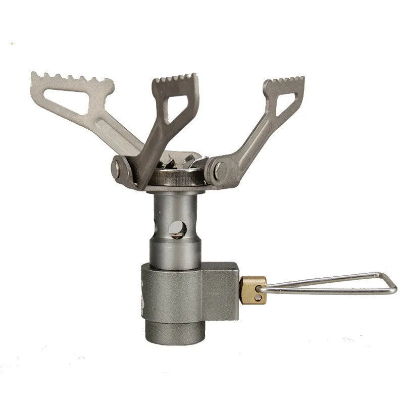 A portable propane gas camping stove with a one-piece metal furnace structure.