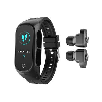 N8 Smart Bracelet and Bluetooth Headset Combo in black, white, red, or pink on a wrist.