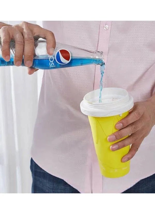 Blue quick refrigeration pinch cup with double-layer silicone construction for making slushies.