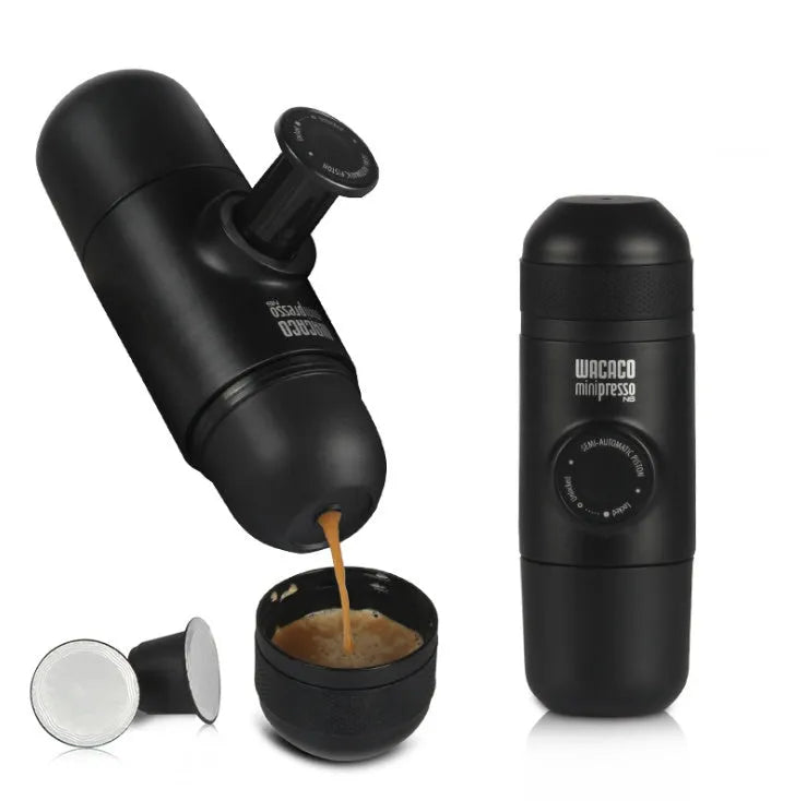 Black portable manual coffee machine showing compact 6x17.5cm design with stainless steel components