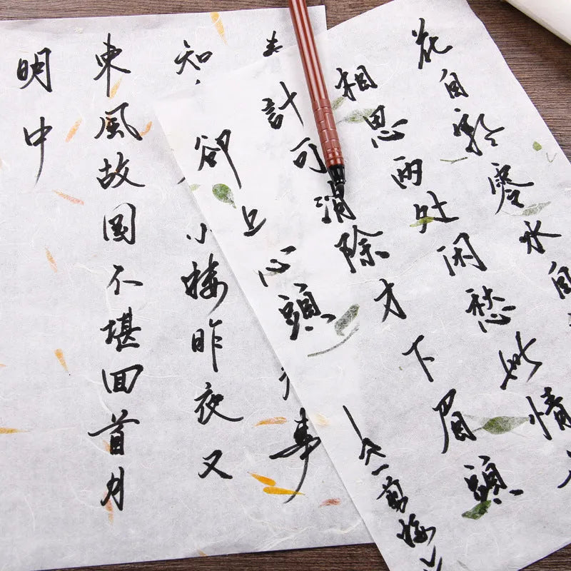 Ten sheets of ancient Chinese style painting paper for calligraphy in Green Leaf, Green Silk, Safflower, and Yellow Flower colours.