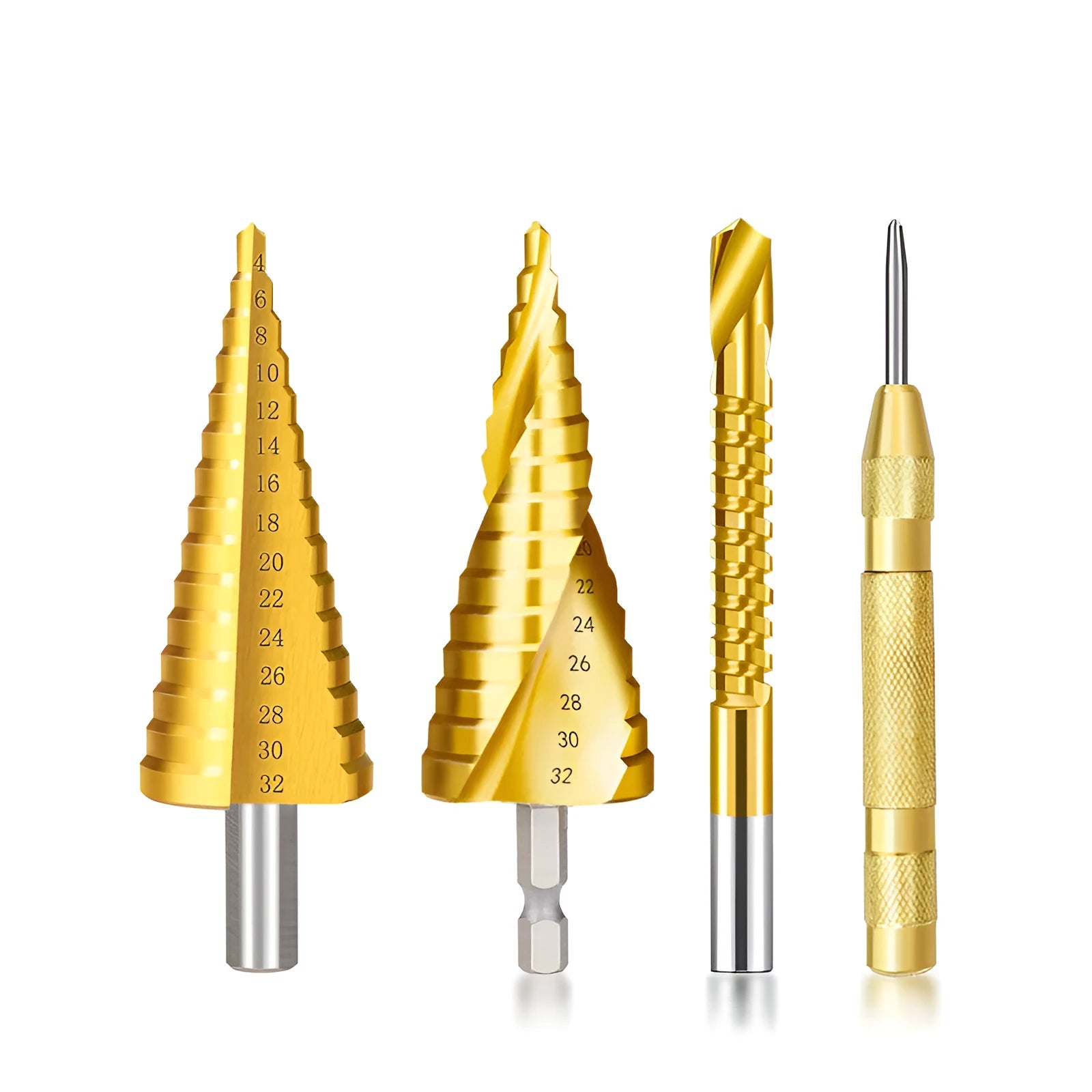 High-speed steel cone step drill bits and a centre punch laid out on a workbench.