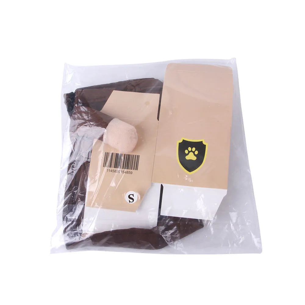 Coffee coloured standing courier-style polyester pet clothing for dogs in S M L XL sizes