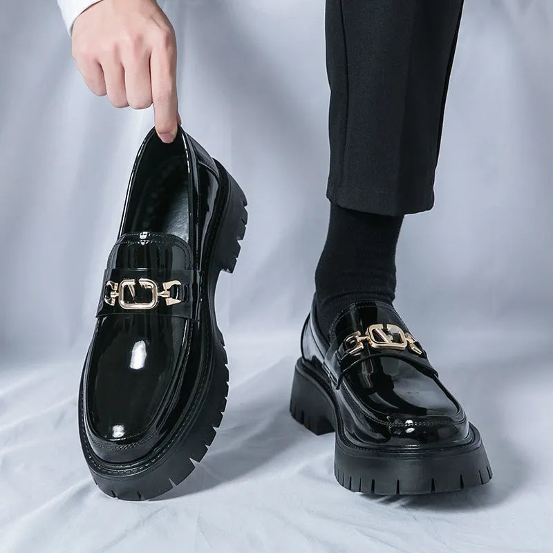 Men's glossy black platform loafers with hidden low heel for summer wear