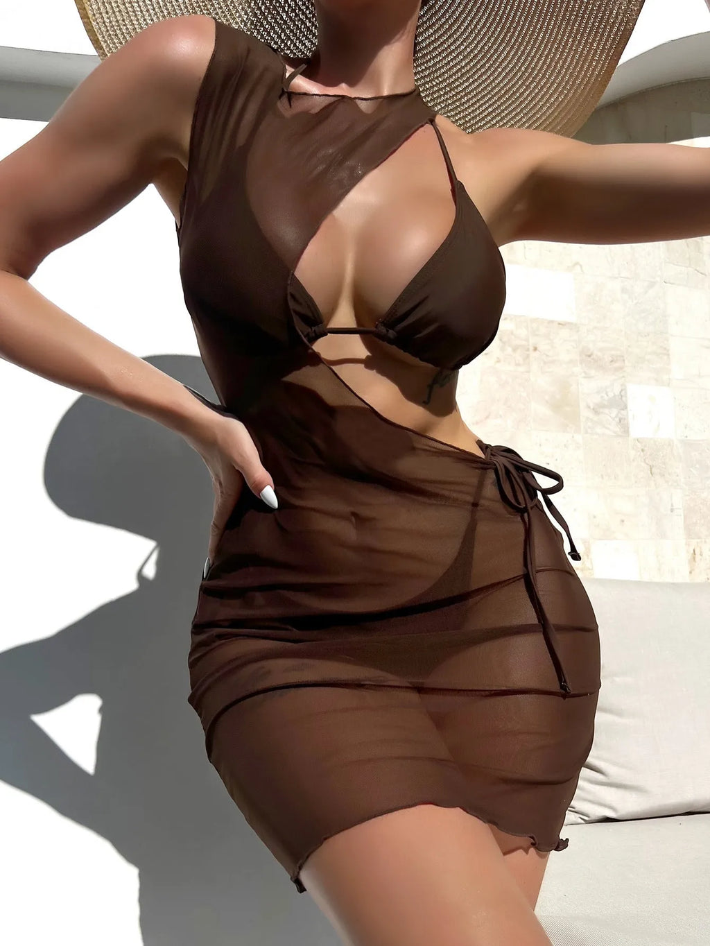 Brown solid colour women's three-piece swimsuit set with bra, shorts and blouse