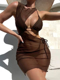Brown solid colour women's three-piece swimsuit set with bra, shorts and blouse