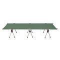 Lightweight portable folding bed in khaki colour with black brackets, showing folded and assembled configurations