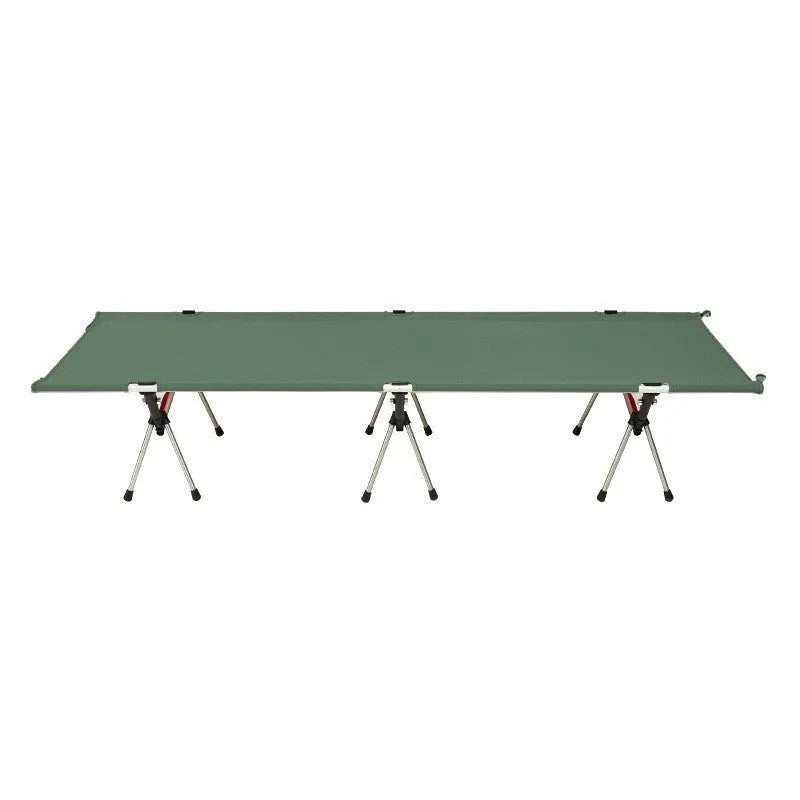 Lightweight portable folding bed in khaki colour with black brackets, showing folded and assembled configurations