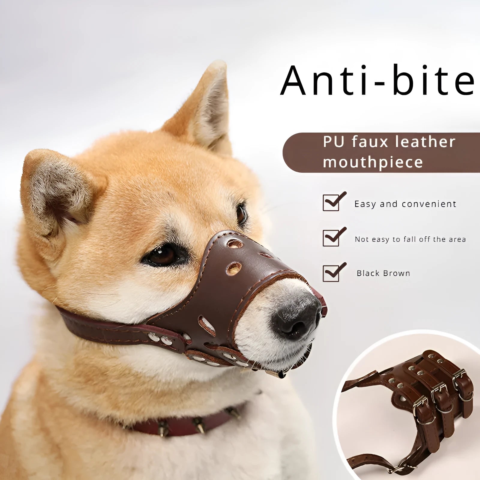 Black dog muzzle silencer for large breed on a sizing chart showing measurements.