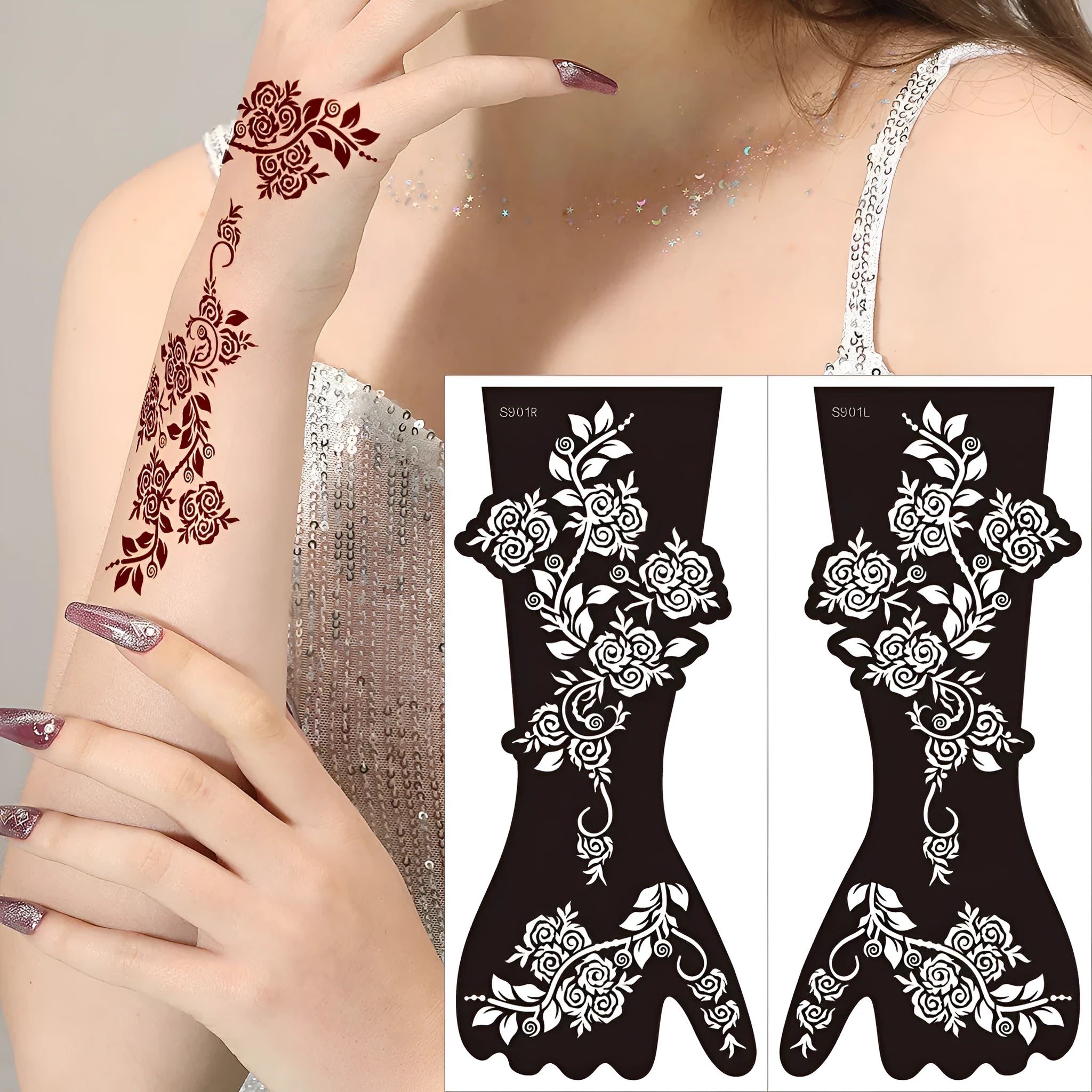 Sheet of hollow geometric tattoo stencil stickers with 3D paper carving designs.