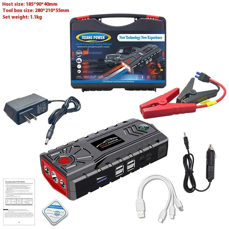 Portable automobile emergency jump starter power source with LED light in ABS toolbox-style casing.