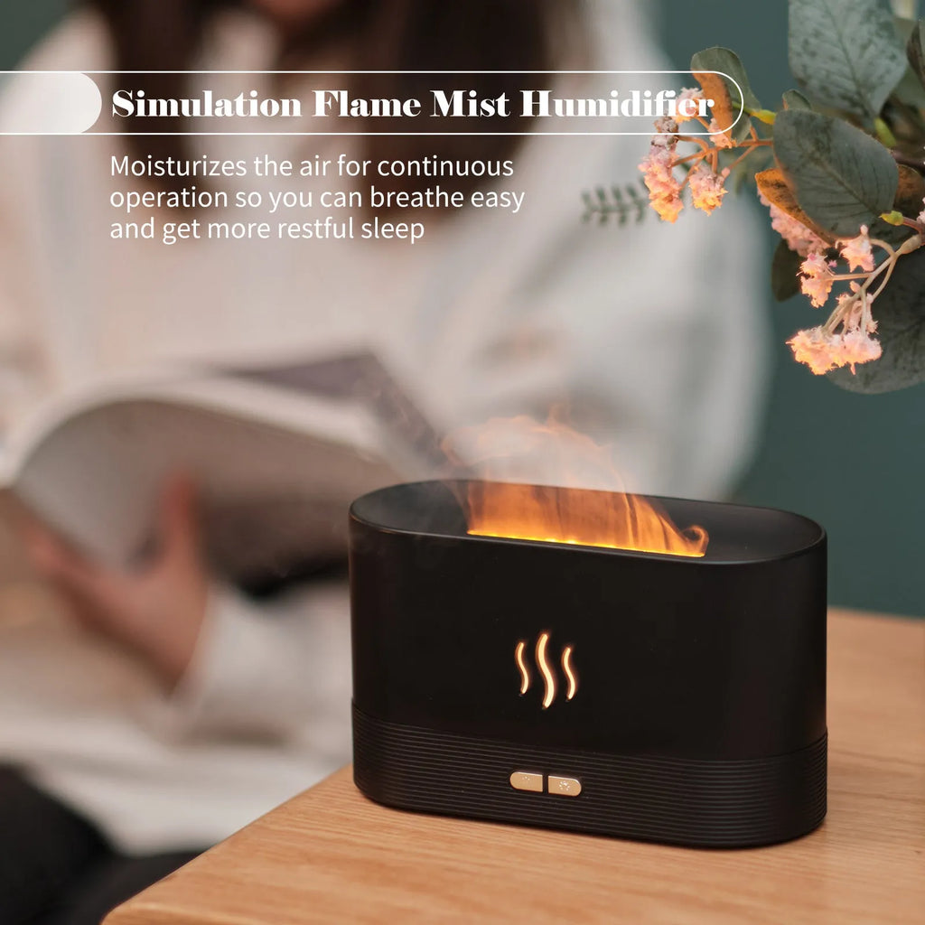 Square black ultrasonic aroma diffuser with flame effect lighting and water tank