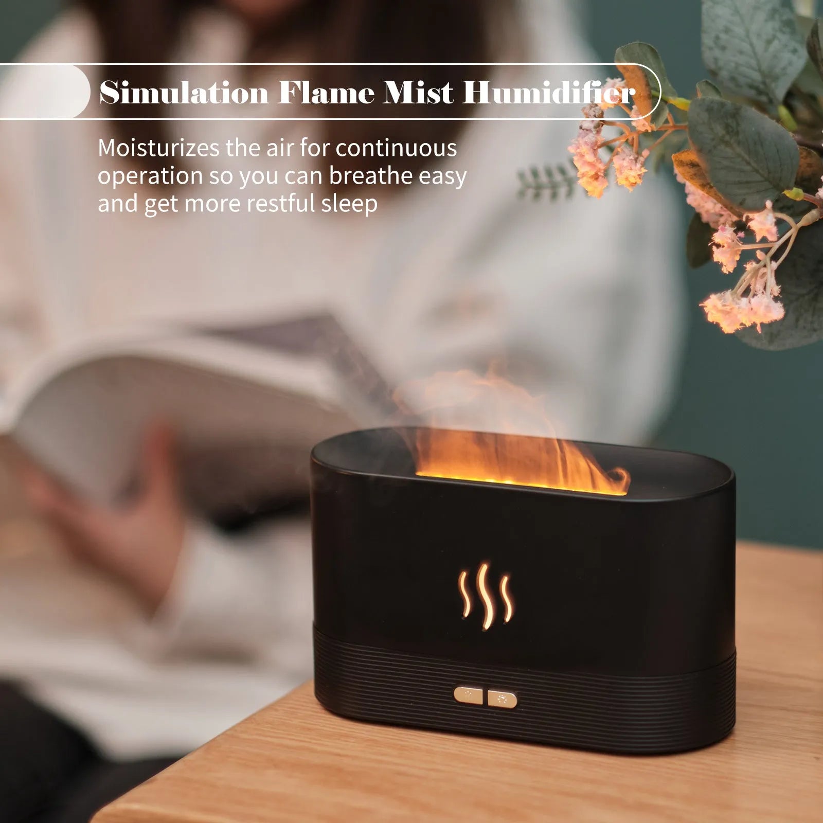 Square black ultrasonic aroma diffuser with flame effect lighting and water tank