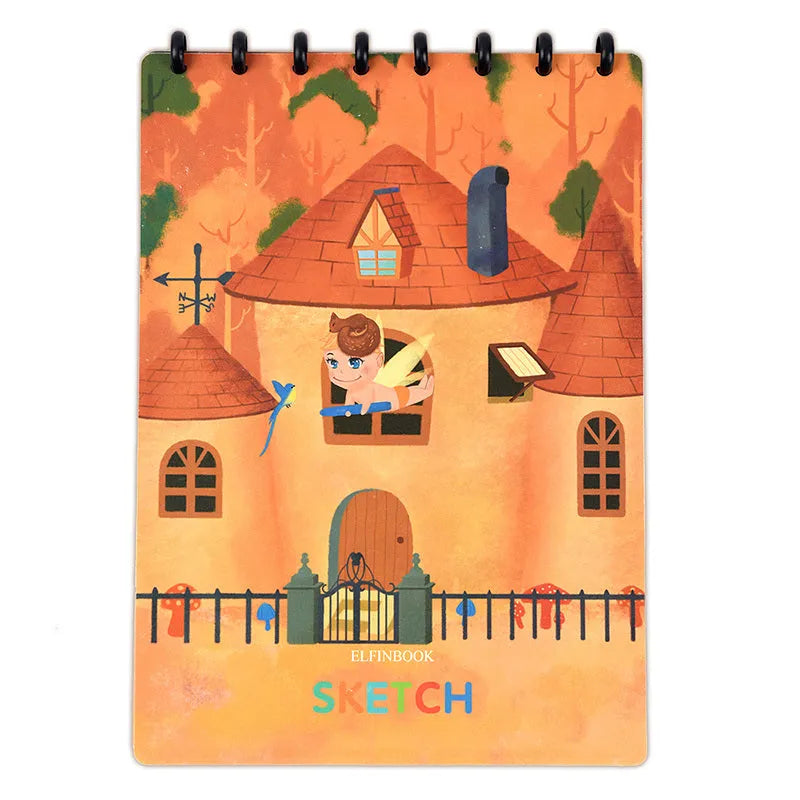 Children's A4 drawing book with PP cover, 15 pages, in orange colour, laid open on a desk