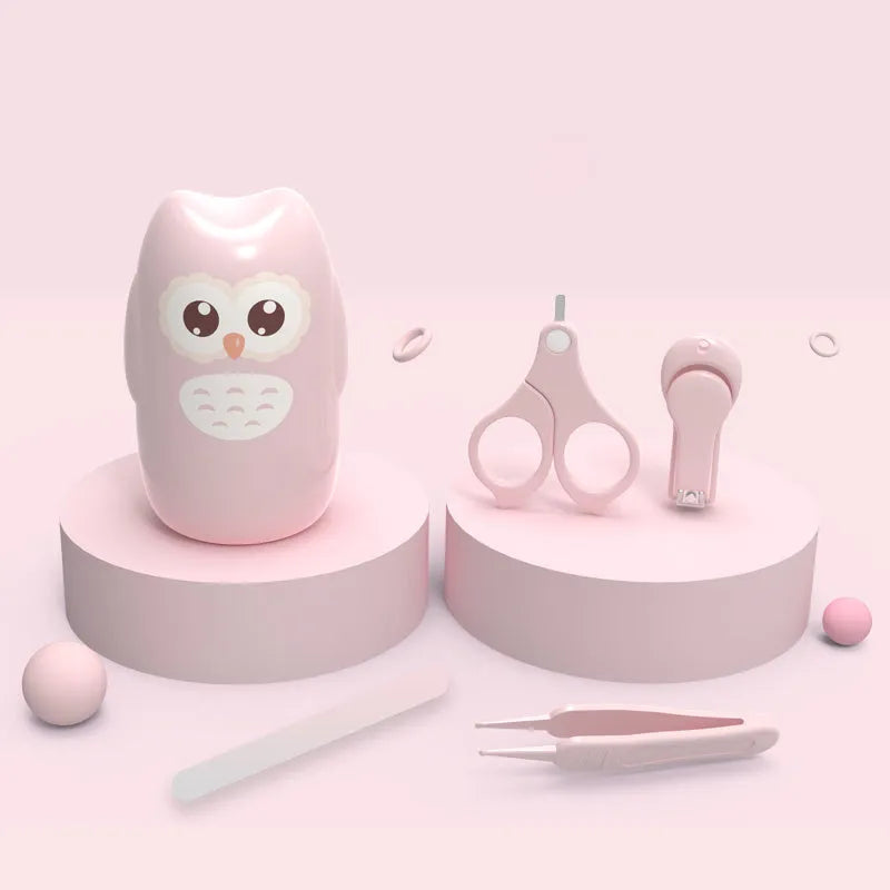 Baby nail clippers set with stainless steel clippers and four colourful silicone finger caps.