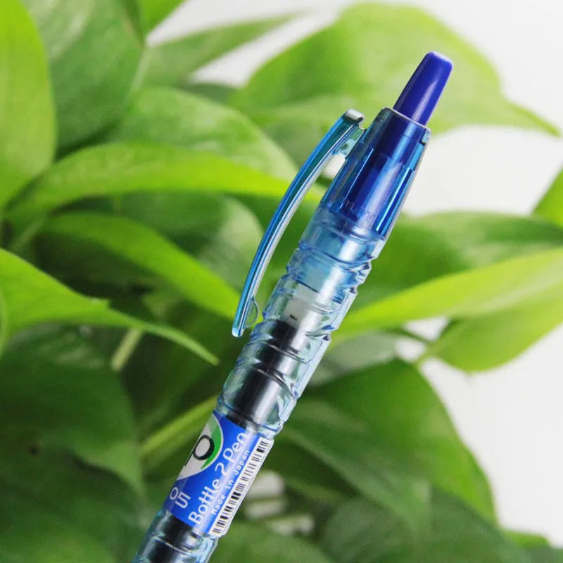 Transparent blue press-action gel pen with 0.5mm head and black, blue or red refill