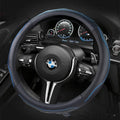 Leather steering wheel cover in beige, blue, green, grey, orange or red, fitting 37-38cm wheels, 36cm and 38cm sizes.
