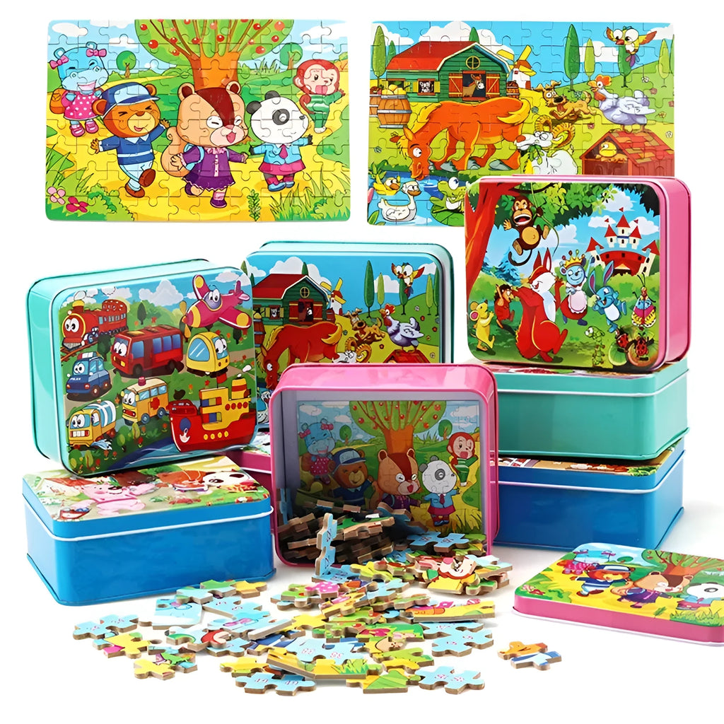 80-piece wooden jigsaw puzzle for kids age 3+, animal and transport styles in an iron box with non-toxic paint finish
