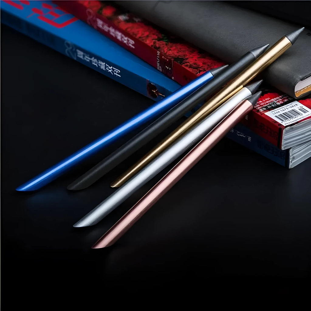 Metallic inkless pen with a fine 0.5mm alloy nib, shown in silver, gold, rose gold, black, and blue colour options.