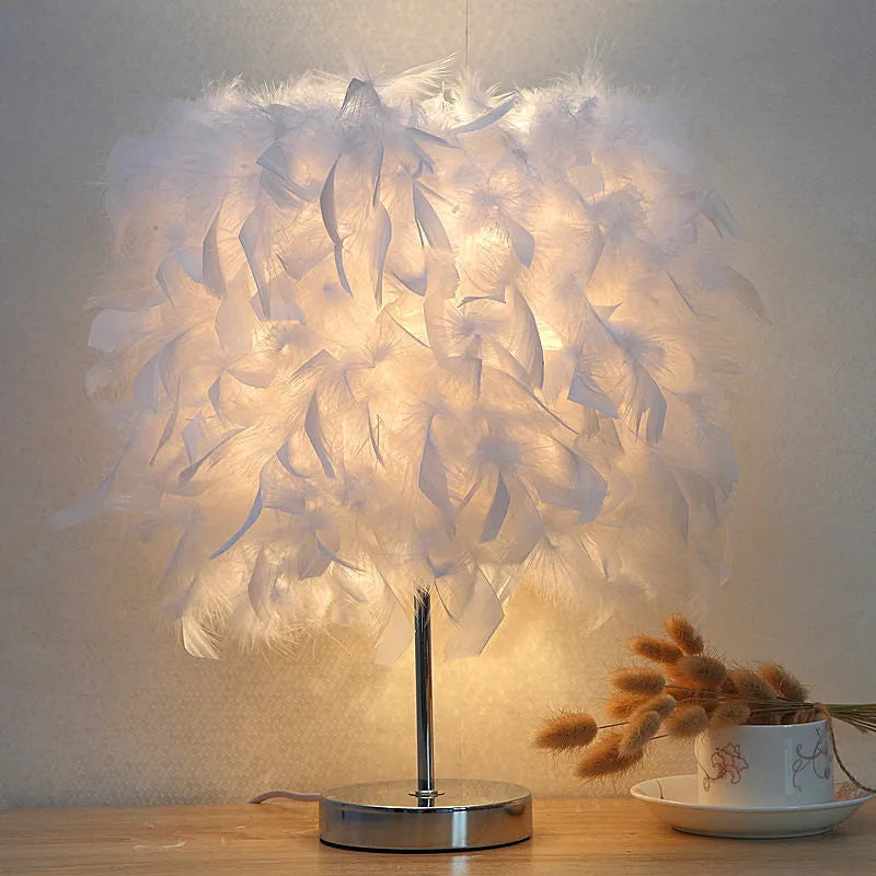 Feather bedside night light with fur shade and push button switch in pink colour option