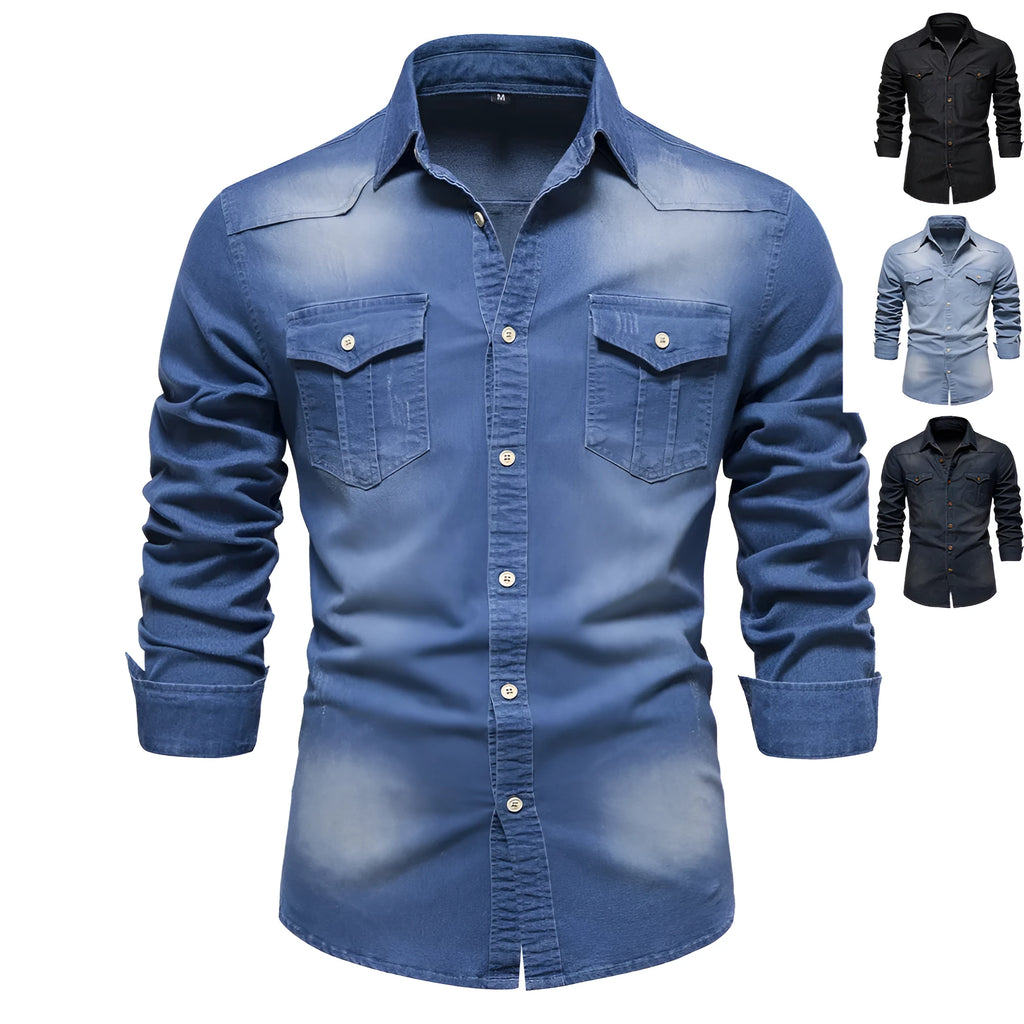 Men's slim fit long-sleeved denim shirt buttoned down in a solid blue colour.
