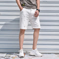 Men's cotton denim shorts in black with loose straight-leg cut and mid-waist zipper closure