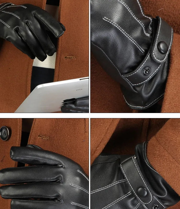 Men's winter leather PU riding gloves with velvet lining and touch screen in monochrome design