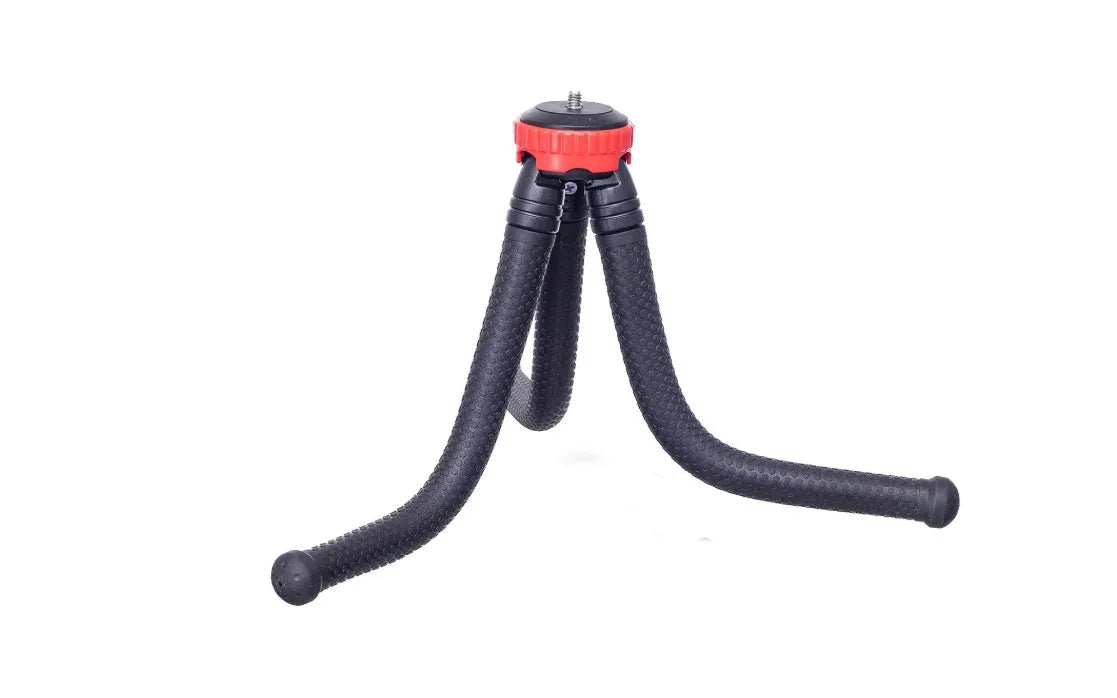 Black octopus-style flexible tripod with spherical gimbal head, shown wrapped around a pole.